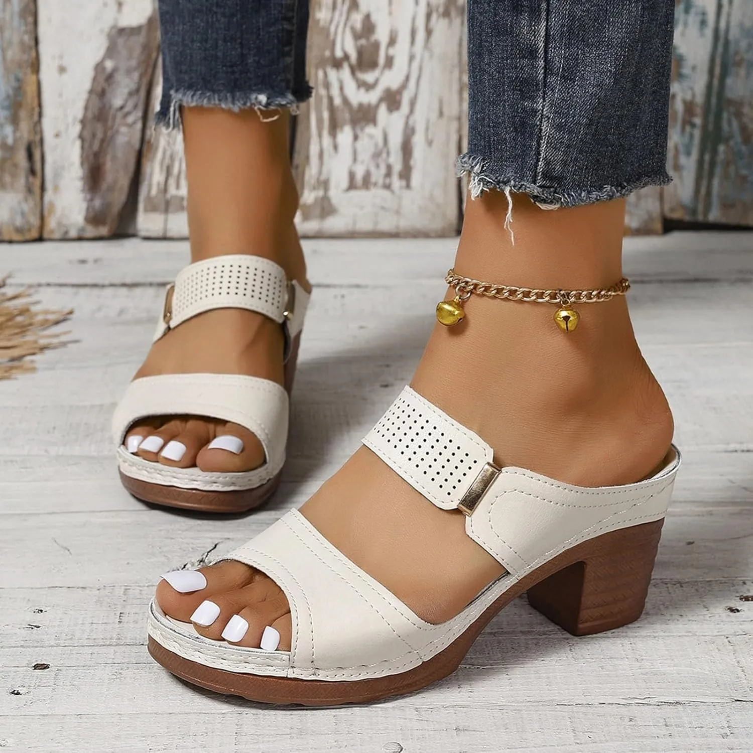2025 Women's Heeled Sandals Two Strap Open Toe Mid Ankle Comfortable Casual Slippers Slip On Womens Summer Sandal For Women Backless Mules Slide Low Block Chunky Heels Walking Shoes for Daily Wear