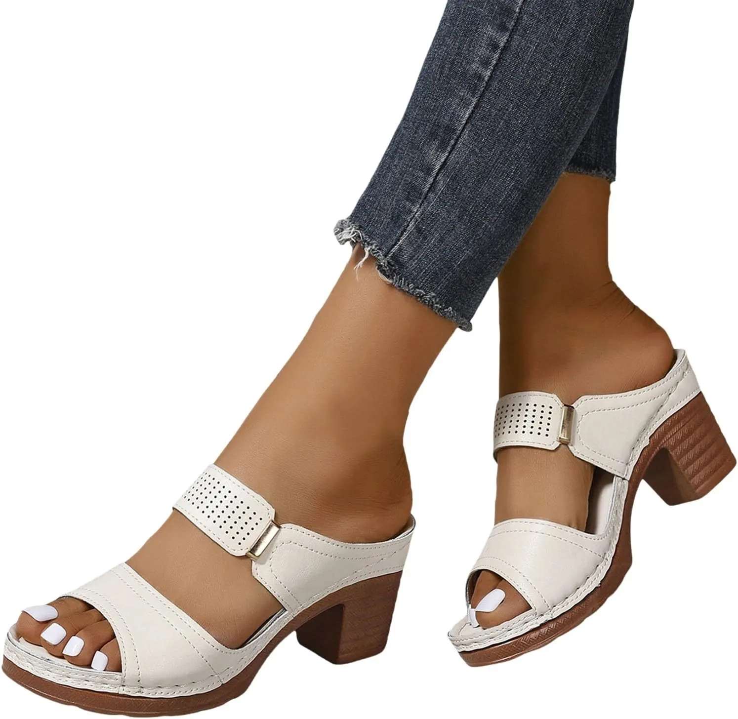 2025 Women's Heeled Sandals Two Strap Open Toe Mid Ankle Comfortable Casual Slippers Slip On Womens Summer Sandal For Women Backless Mules Slide Low Block Chunky Heels Walking Shoes for Daily Wear