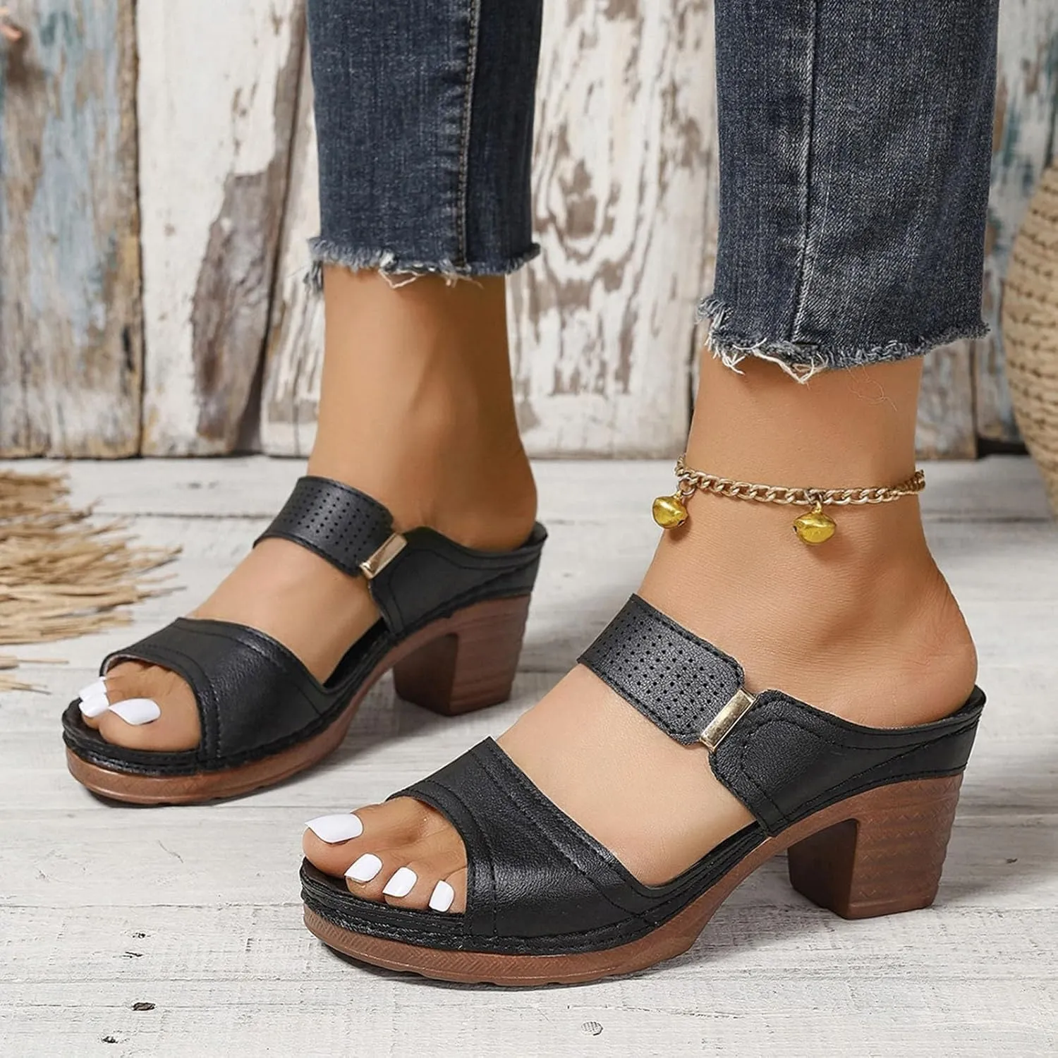 2025 Women's Heeled Sandals Two Strap Open Toe Mid Ankle Comfortable Casual Slippers Slip On Womens Summer Sandal For Women Backless Mules Slide Low Block Chunky Heels Walking Shoes for Daily Wear