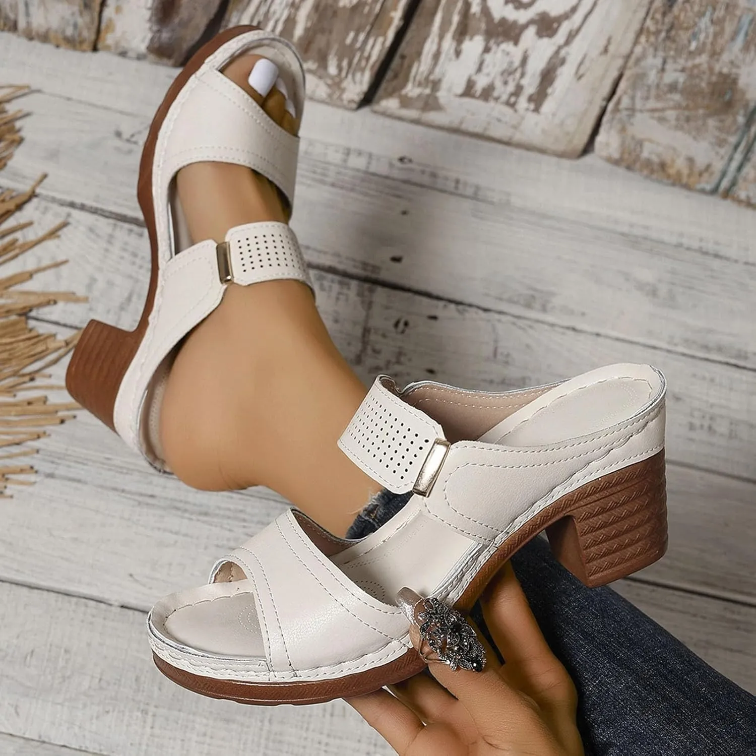 2025 Women's Heeled Sandals Two Strap Open Toe Mid Ankle Comfortable Casual Slippers Slip On Womens Summer Sandal For Women Backless Mules Slide Low Block Chunky Heels Walking Shoes for Daily Wear