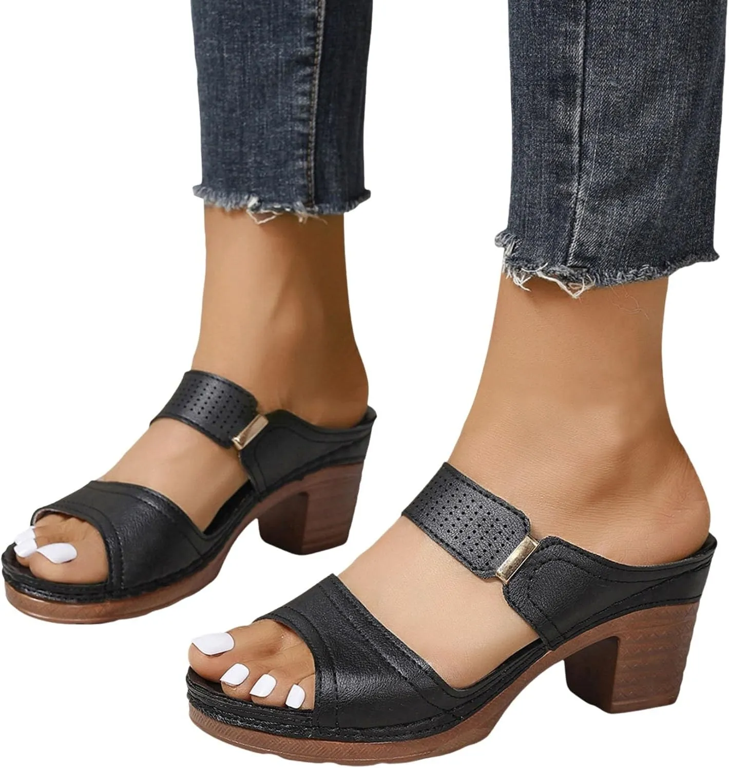 2025 Women's Heeled Sandals Two Strap Open Toe Mid Ankle Comfortable Casual Slippers Slip On Womens Summer Sandal For Women Backless Mules Slide Low Block Chunky Heels Walking Shoes for Daily Wear