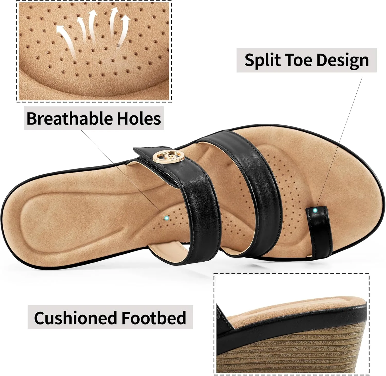 Ablanczoom Wedge Sandals for Women Dressy: Summer Comfortable Slip On Womens Slides Sandal Causal Strappy Split Toe Casual Wedges Shoes