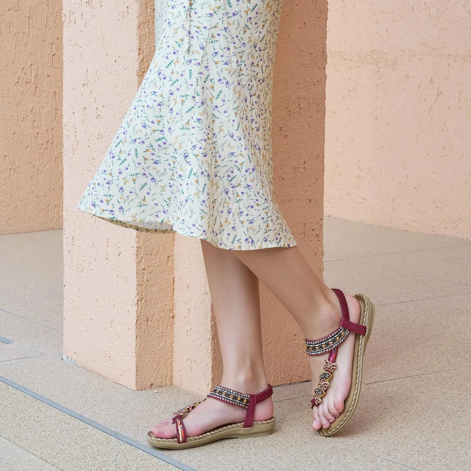 Ablanczoom Womens Sandals Flats Shoes: Comfortable Bohemian Beaded Dressy Summer Flat Casual Ankle Strap Elastic Slip on Beach Sandal