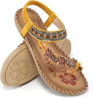 Ablanczoom Womens Sandals Flats Shoes: Comfortable Bohemian Beaded Dressy Summer Flat Casual Ankle Strap Elastic Slip on Beach Sandal