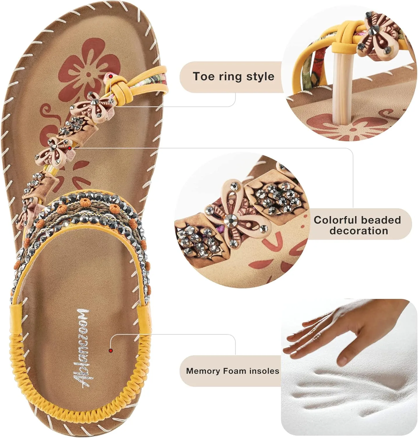 Ablanczoom Womens Sandals Flats Shoes: Comfortable Bohemian Beaded Dressy Summer Flat Casual Ankle Strap Elastic Slip on Beach Sandal