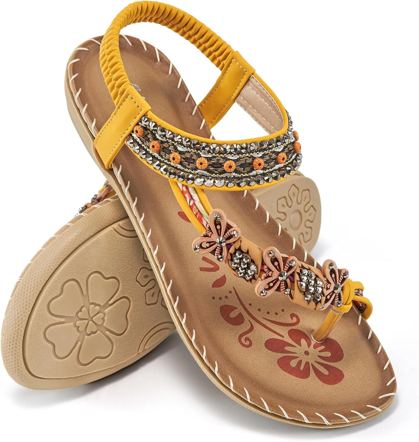 Ablanczoom Womens Sandals Flats Shoes: Comfortable Bohemian Beaded Dressy Summer Flat Casual Ankle Strap Elastic Slip on Beach Sandal