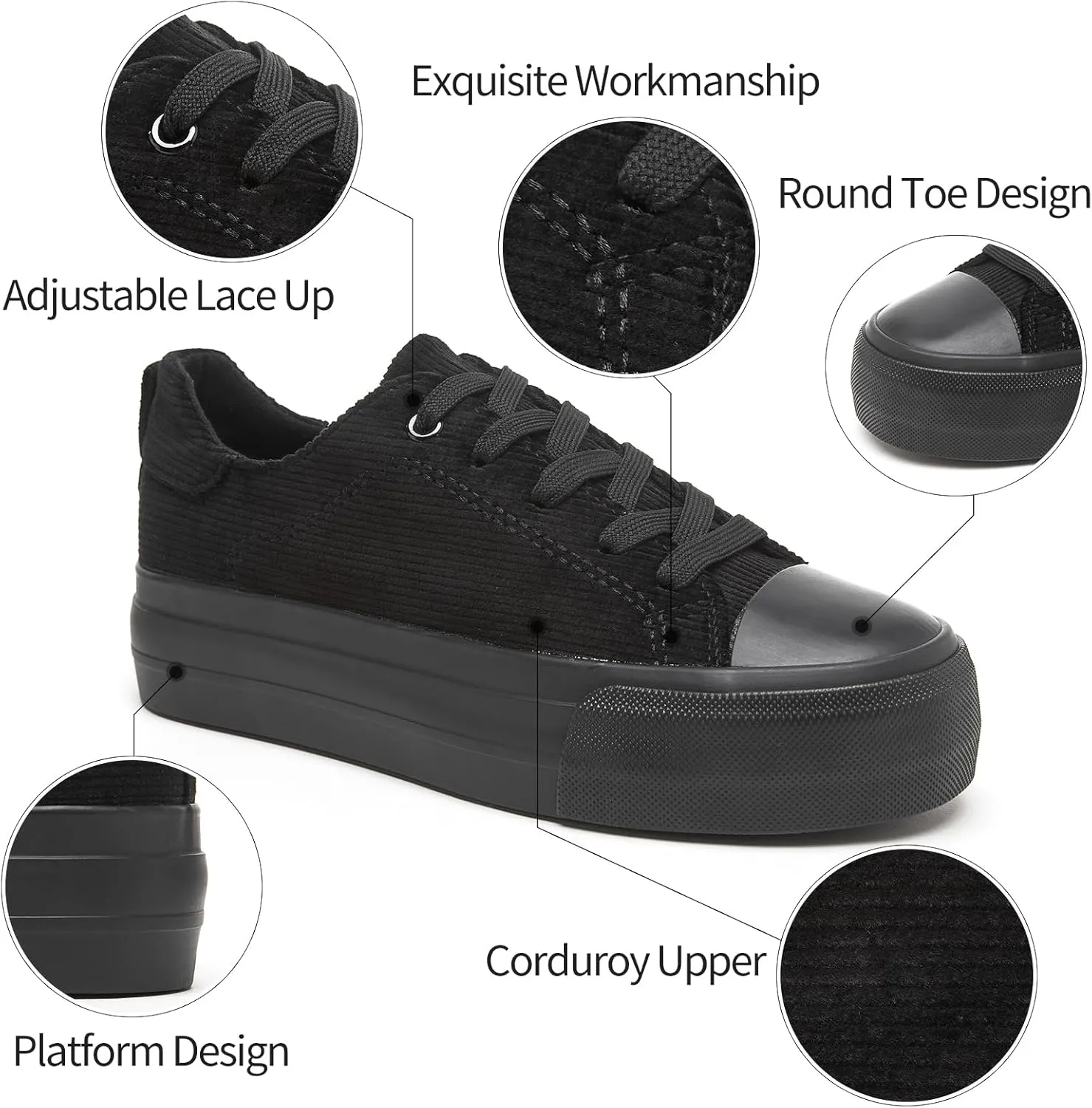 Adokoo Women's Platform Sneakers Corduroy White Sneakers Shoes for Women Black Low Top Lace Up Casual Fashion Walking Shoes