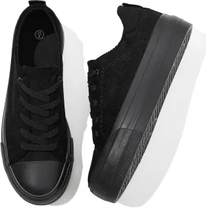 Adokoo Women's Platform Sneakers Corduroy White Sneakers Shoes for Women Black Low Top Lace Up Casual Fashion Walking Shoes