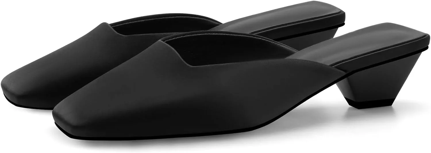 Adrizzlein Mule Heels for Women Square Toe Kitten Heel Satin Mules Closed Toe Low Heel Slides Sandals Summer Dress Shoes