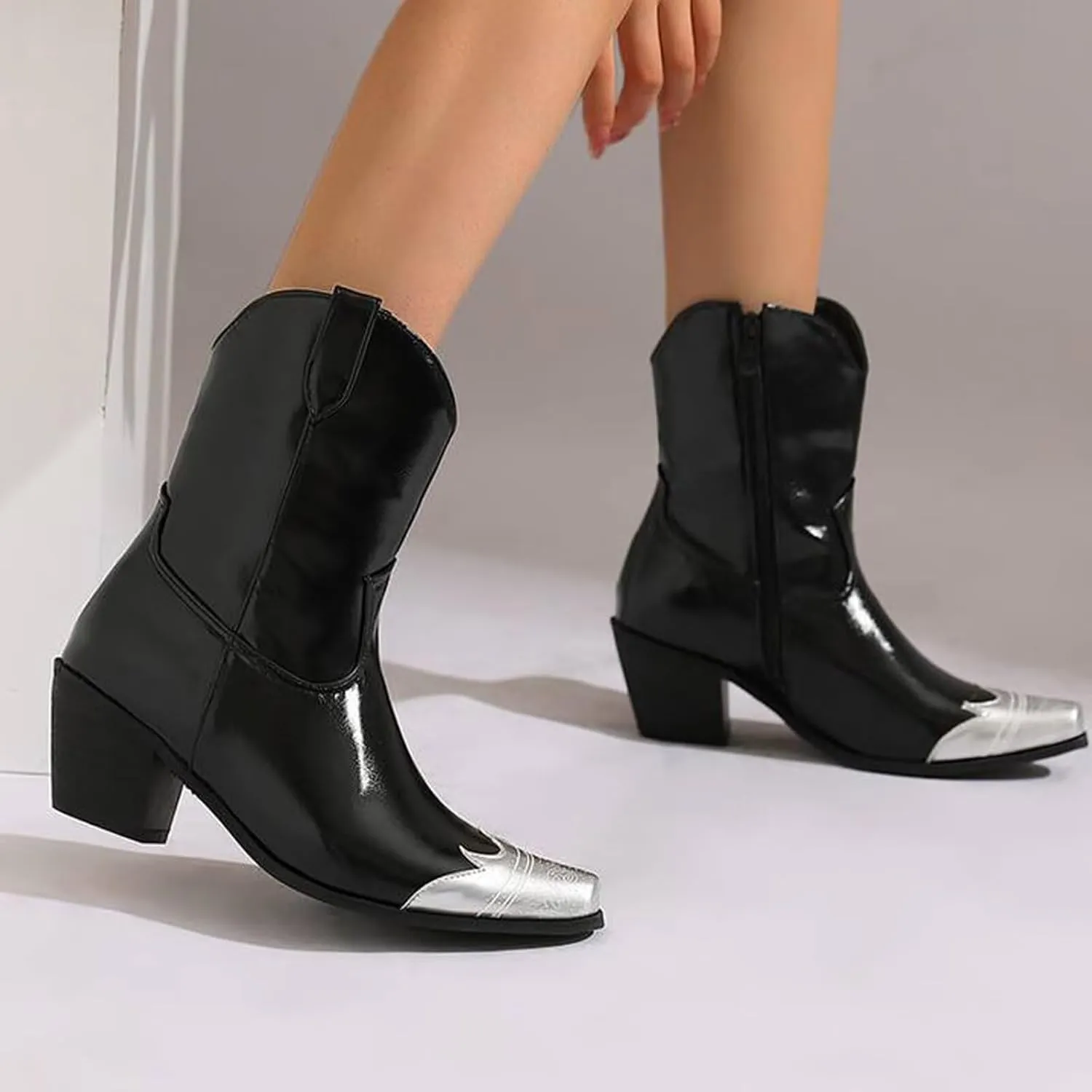 Agodor Women's Vintage Western Boots Cowgirl Ankle Booties Fashion Split Joint Square Toe, Chunky Block Heels with Side Zipper Short Cowboy Booties