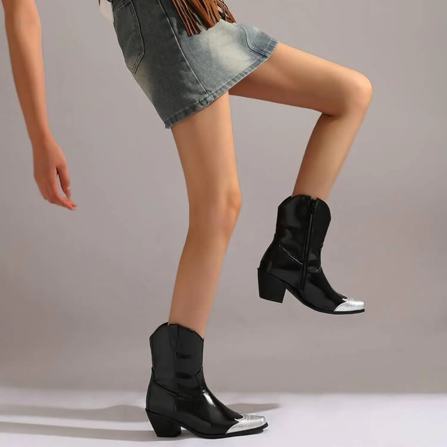 Agodor Women's Vintage Western Boots Cowgirl Ankle Booties Fashion Split Joint Square Toe, Chunky Block Heels with Side Zipper Short Cowboy Booties