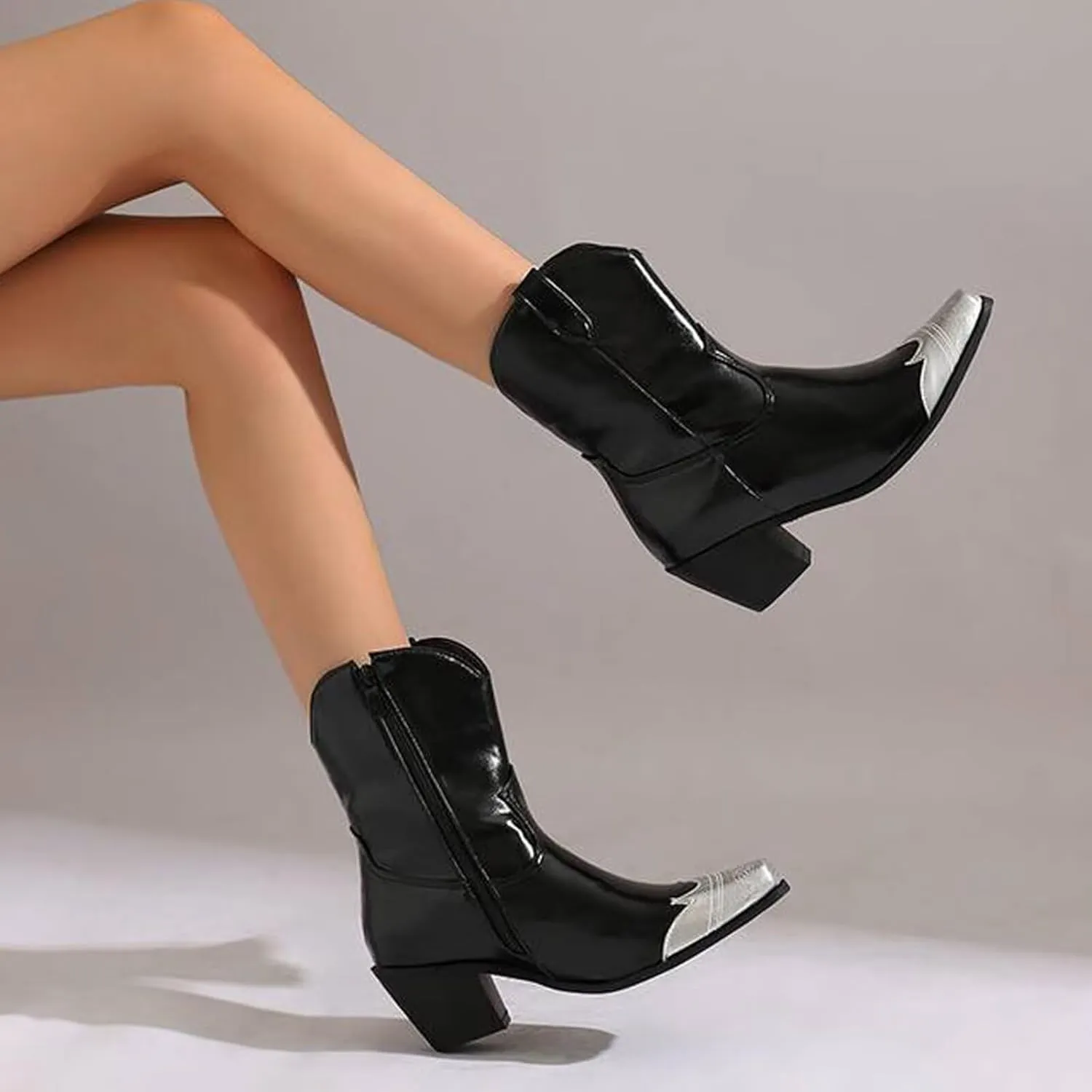 Agodor Women's Vintage Western Boots Cowgirl Ankle Booties Fashion Split Joint Square Toe, Chunky Block Heels with Side Zipper Short Cowboy Booties