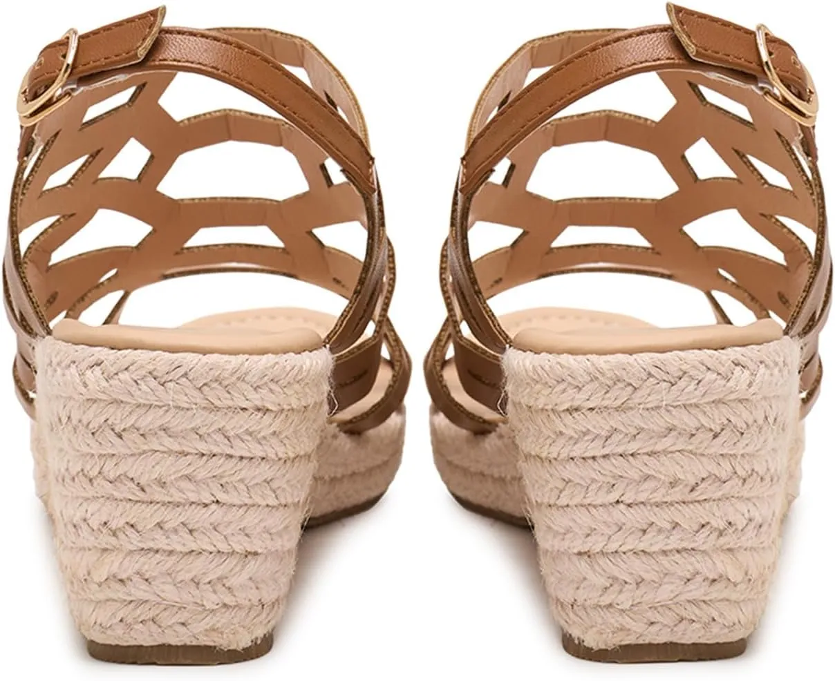 Alexis Leroy Women's Open Toe Comfortable Ankle Strap Espadrilles Wedge Sandals