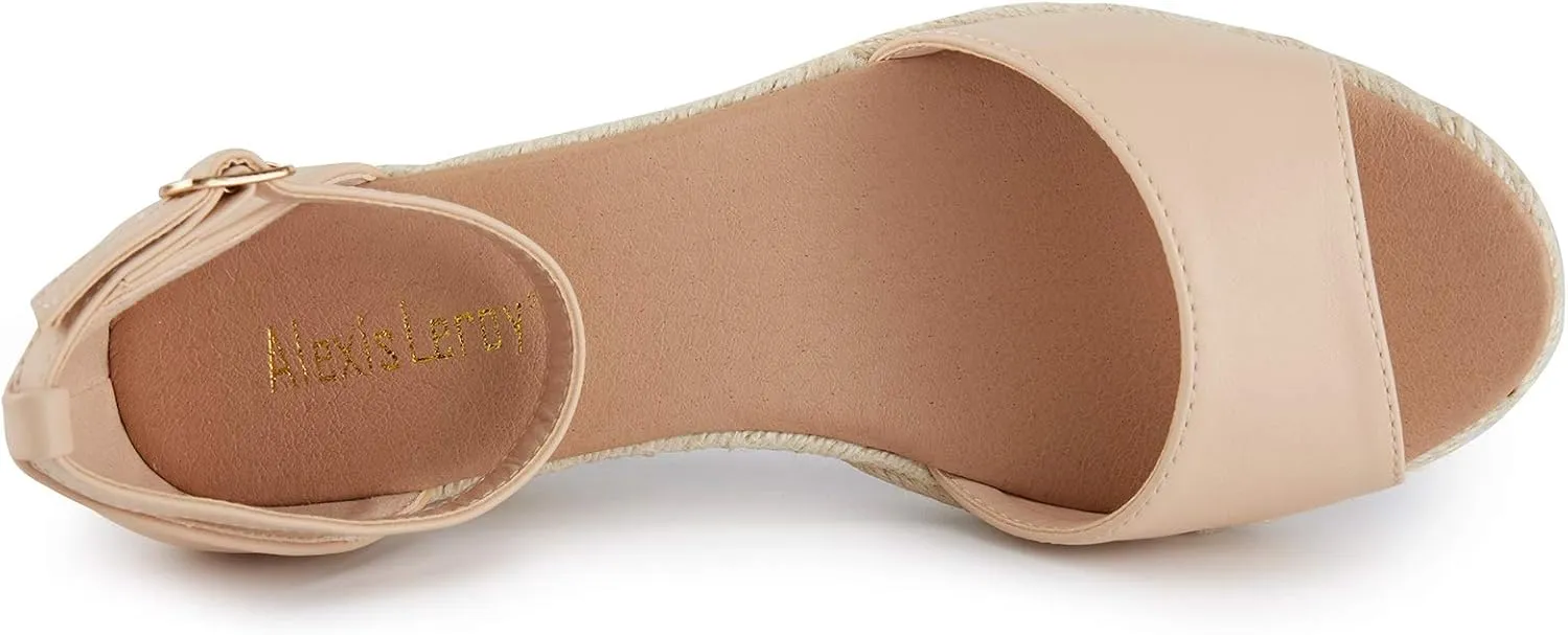 Alexis Leroy Women's Open Toe Comfortable Ankle Strap Espadrilles Wedge Sandals