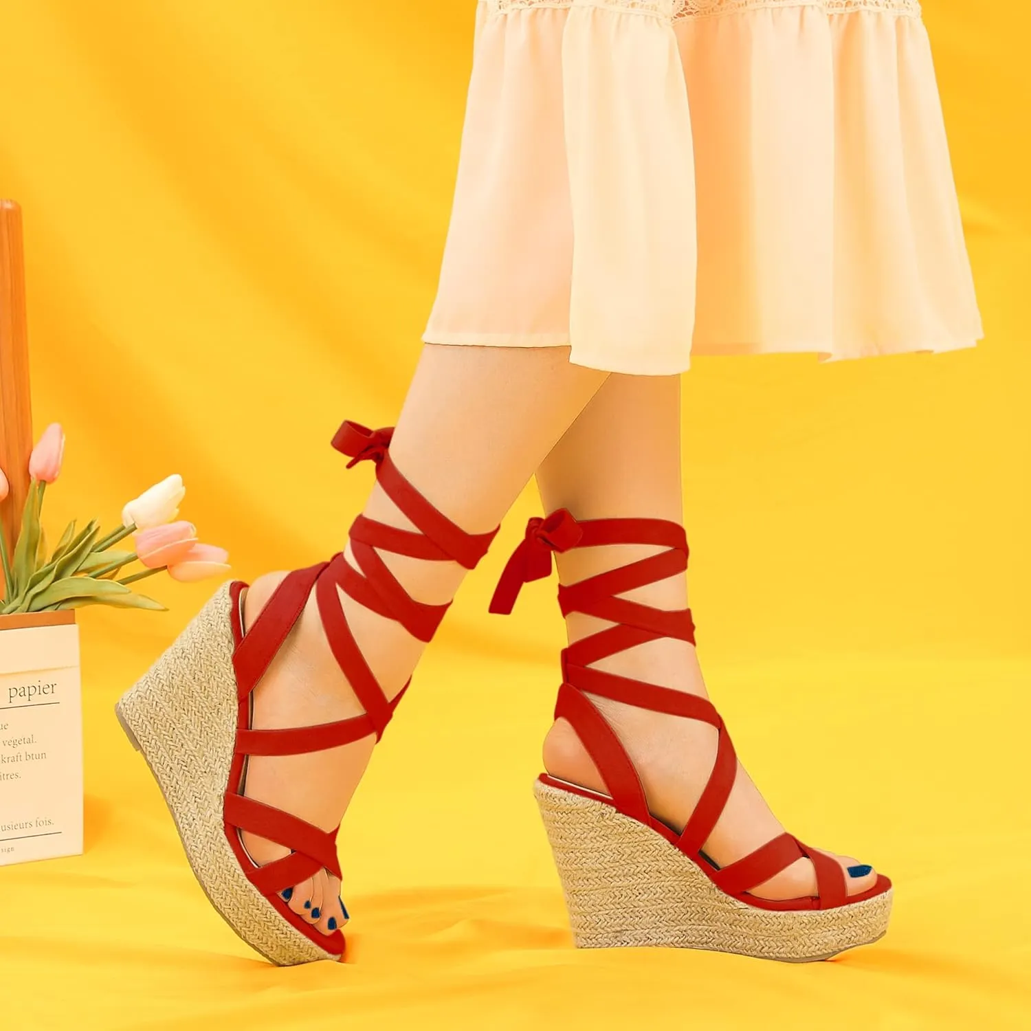 Allegra K Women's Espadrilles Platform Heels Lace Up Wedge Sandals