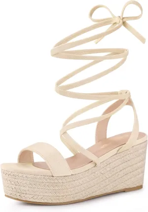 Allegra K Women's Lace Up Wedge Heel Slingback Platform Strappy Sandals
