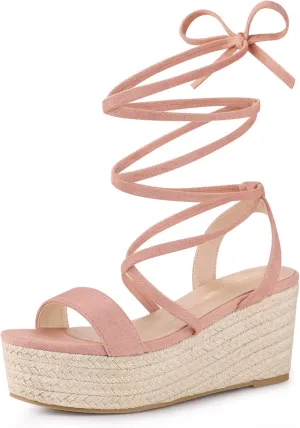 Allegra K Women's Lace Up Wedge Heel Slingback Platform Strappy Sandals