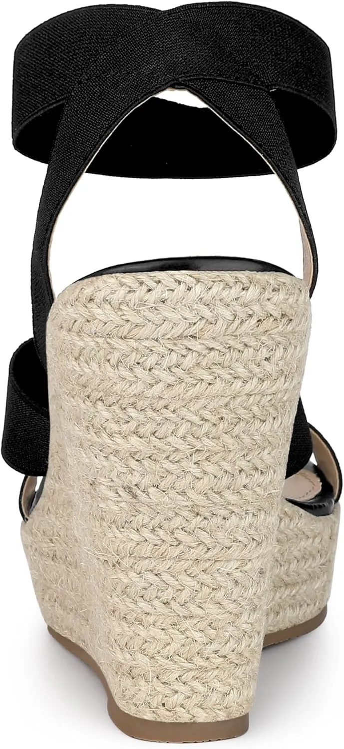Allegra K Women's Platform Ankle Elastic Straps Espadrilles Wedge Sandals