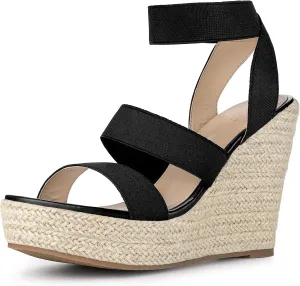 Allegra K Women's Platform Ankle Elastic Straps Espadrilles Wedge Sandals