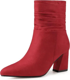 Allegra K Women's Pointy Toe Slouched Zipper Chunky Heel Ankle Boots