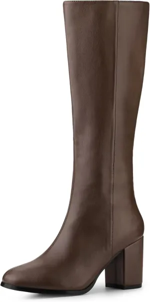 Allegra K Women's Round Toe Zip Block Heels Knee High Boots