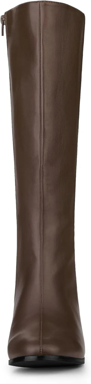 Allegra K Women's Round Toe Zip Block Heels Knee High Boots