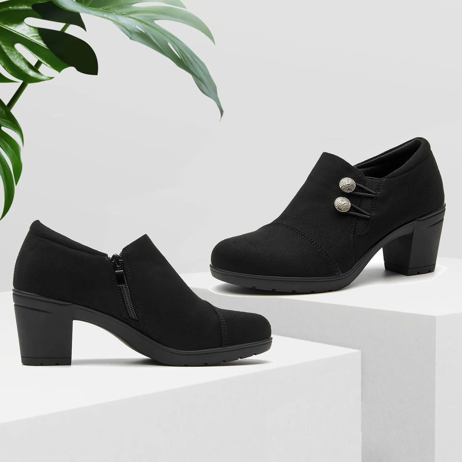 ALLOT Women's Dress Shoes Low Chunky Block Heels Slip-On Round Toe Office Business Work Pumps Supportive Casual Comfort Loafers