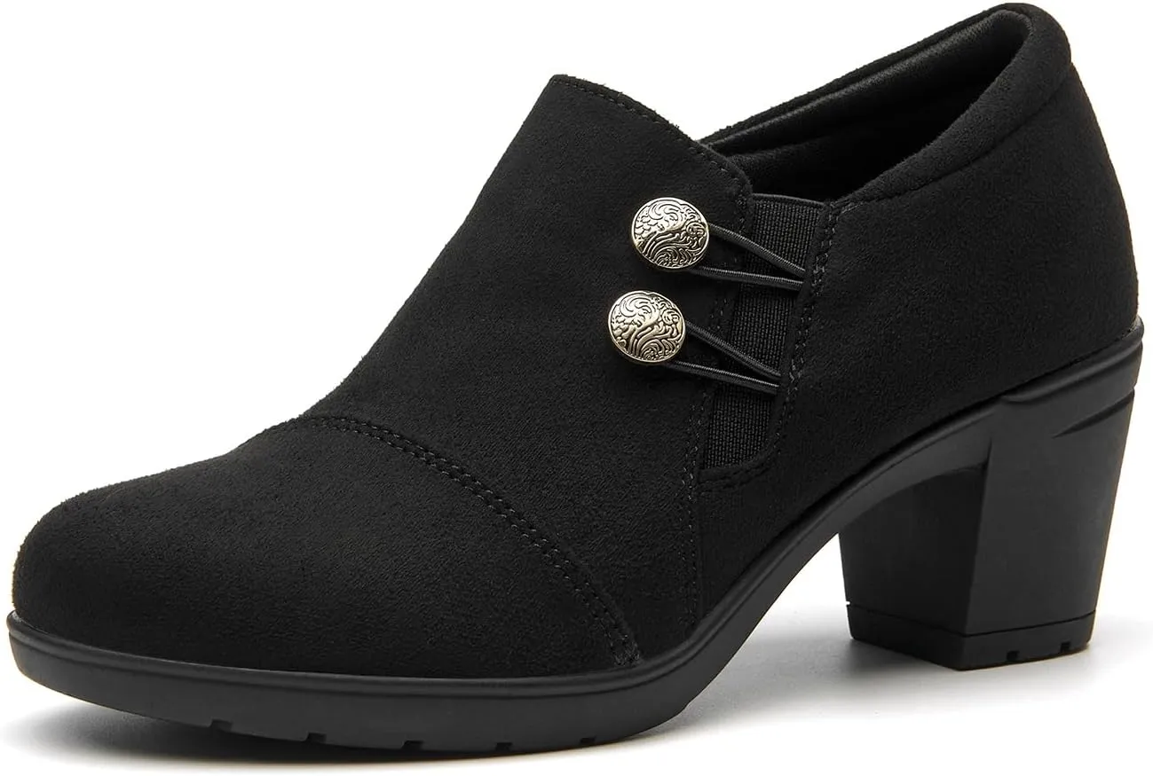 ALLOT Women's Dress Shoes Low Chunky Block Heels Slip-On Round Toe Office Business Work Pumps Supportive Casual Comfort Loafers
