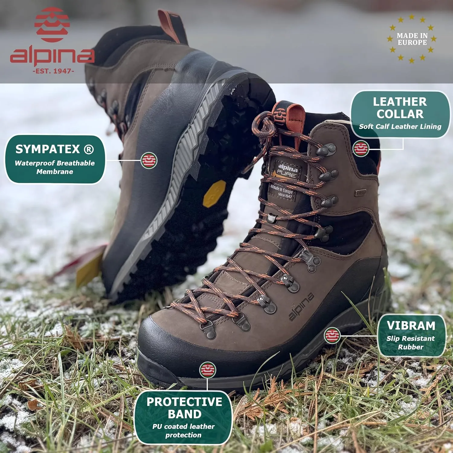 Alpina NUPTSE Men's Boots - Made in Europe - Waterproof - Mountaineering - Hunting - Vibram - Breathable Sympatex Membrane - Nubuck Leather