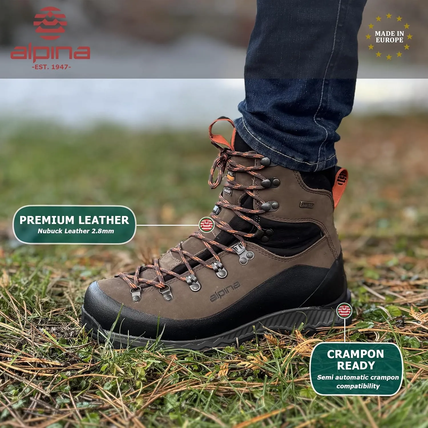 Alpina NUPTSE Men's Boots - Made in Europe - Waterproof - Mountaineering - Hunting - Vibram - Breathable Sympatex Membrane - Nubuck Leather
