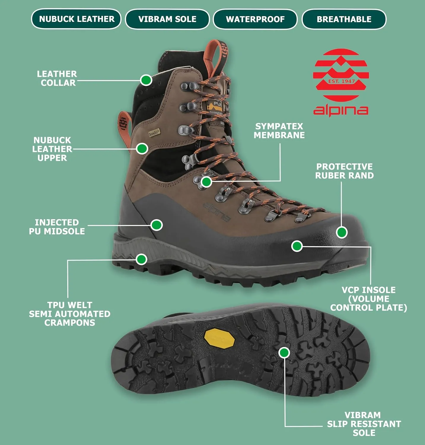 Alpina NUPTSE Men's Boots - Made in Europe - Waterproof - Mountaineering - Hunting - Vibram - Breathable Sympatex Membrane - Nubuck Leather