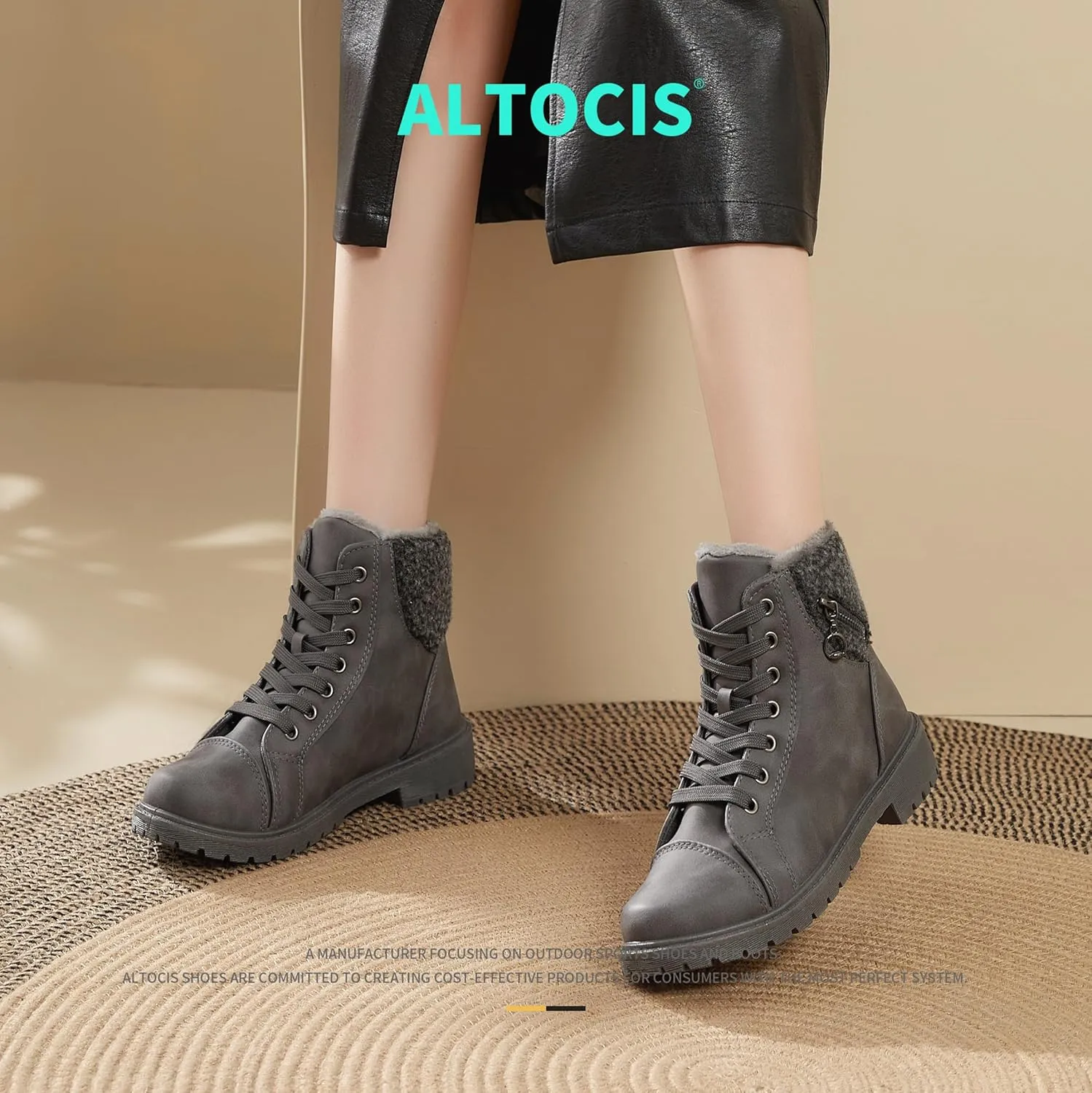 ALTOCIS Women’s Fur Lined Winter Snow Boots Short Mid Calf Fashion Boot Art Resin Button Faux Suede Boots for Women