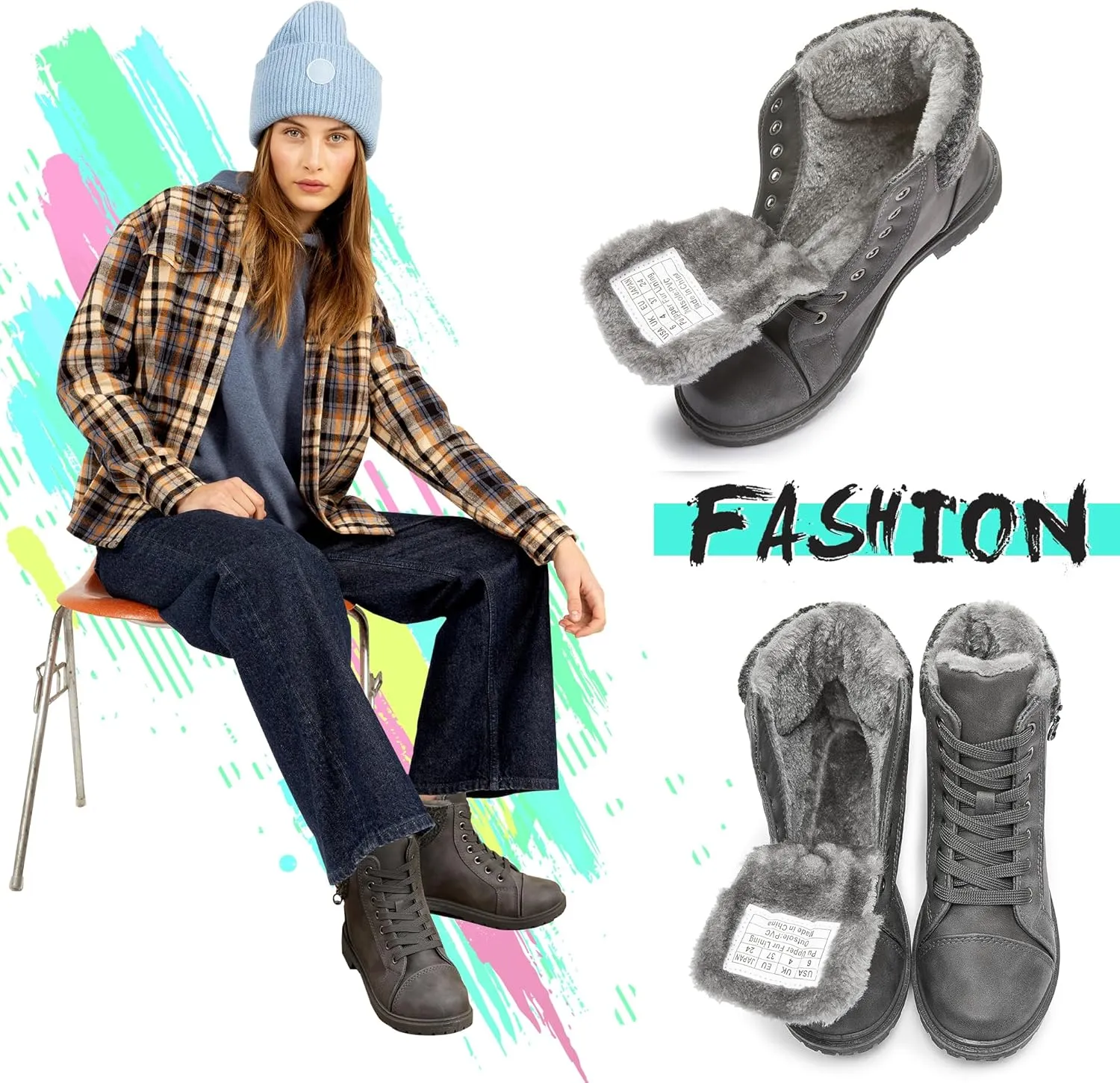 ALTOCIS Women’s Fur Lined Winter Snow Boots Short Mid Calf Fashion Boot Art Resin Button Faux Suede Boots for Women