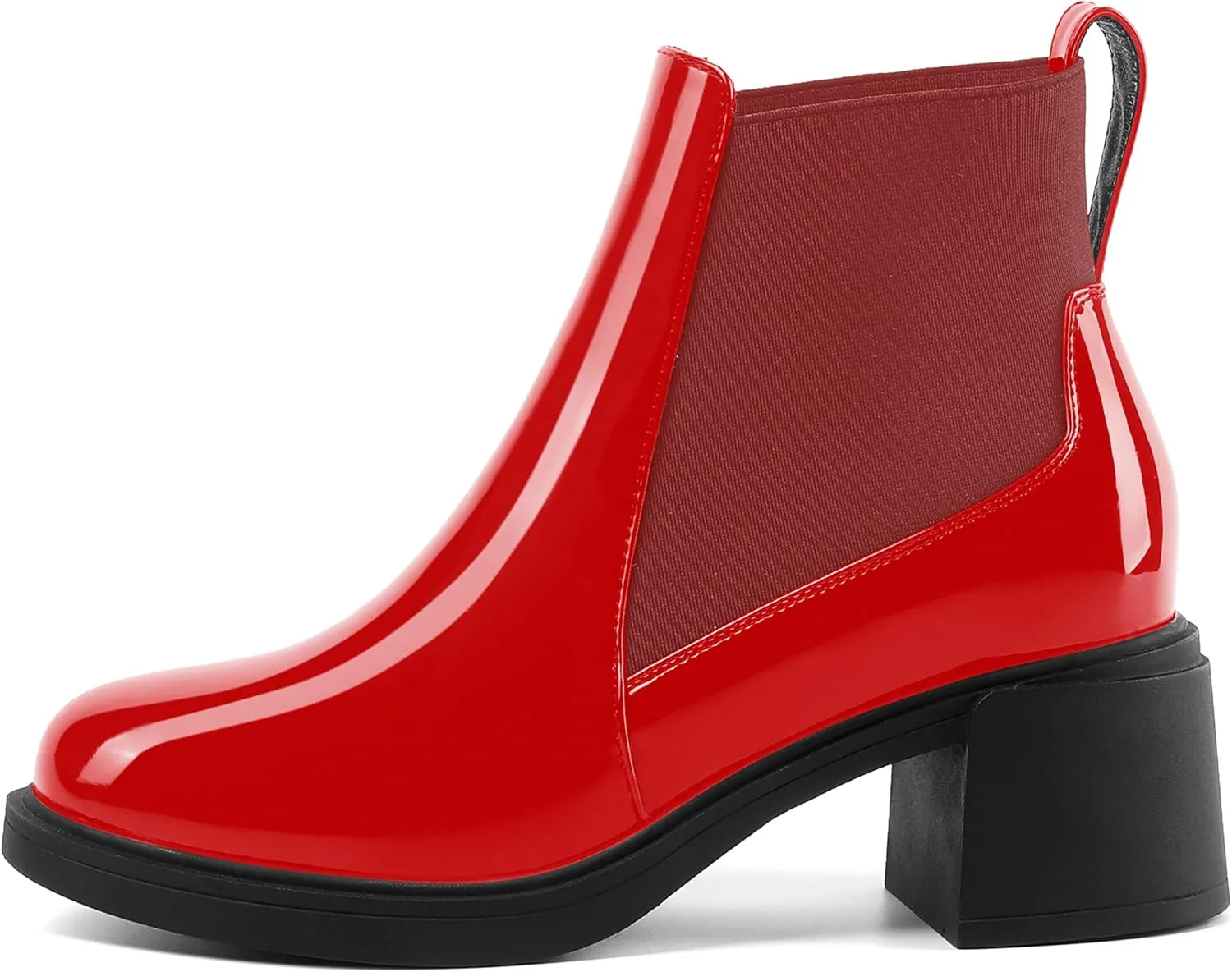 AMBELIGHT Womens Office Patent Chelsea Casual Elastic Round Toe Solid Chunky Mid Heel Ankle High Boots 2.5 Inch
