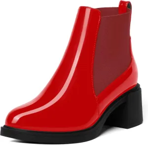 AMBELIGHT Womens Office Patent Chelsea Casual Elastic Round Toe Solid Chunky Mid Heel Ankle High Boots 2.5 Inch