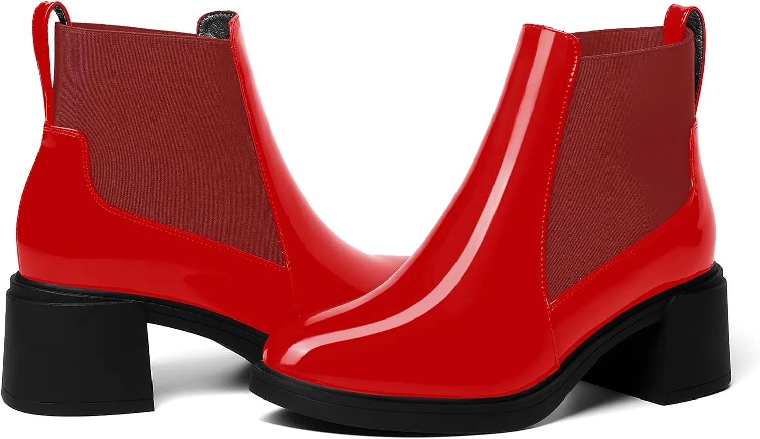 AMBELIGHT Womens Office Patent Chelsea Casual Elastic Round Toe Solid Chunky Mid Heel Ankle High Boots 2.5 Inch