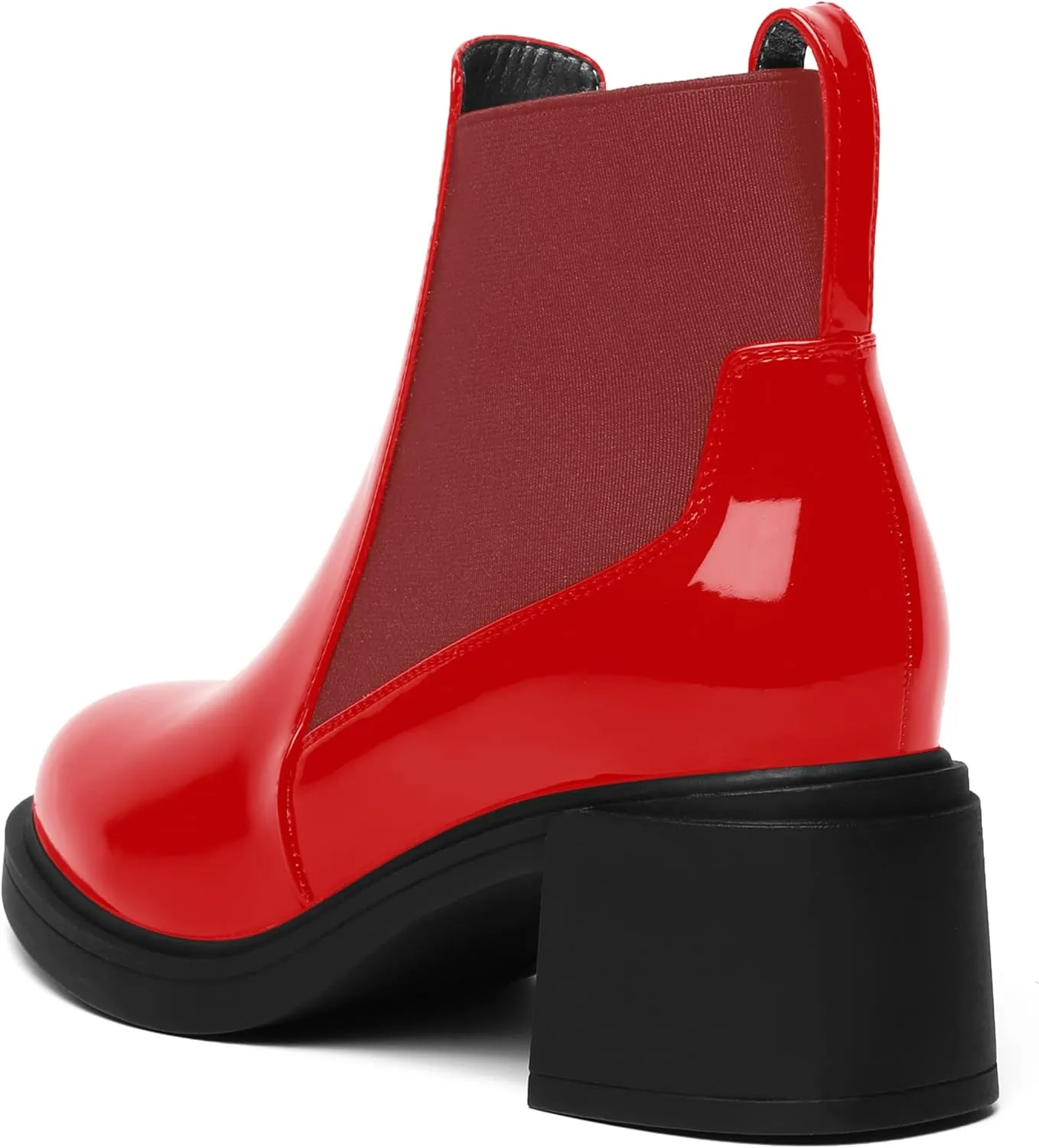 AMBELIGHT Womens Office Patent Chelsea Casual Elastic Round Toe Solid Chunky Mid Heel Ankle High Boots 2.5 Inch