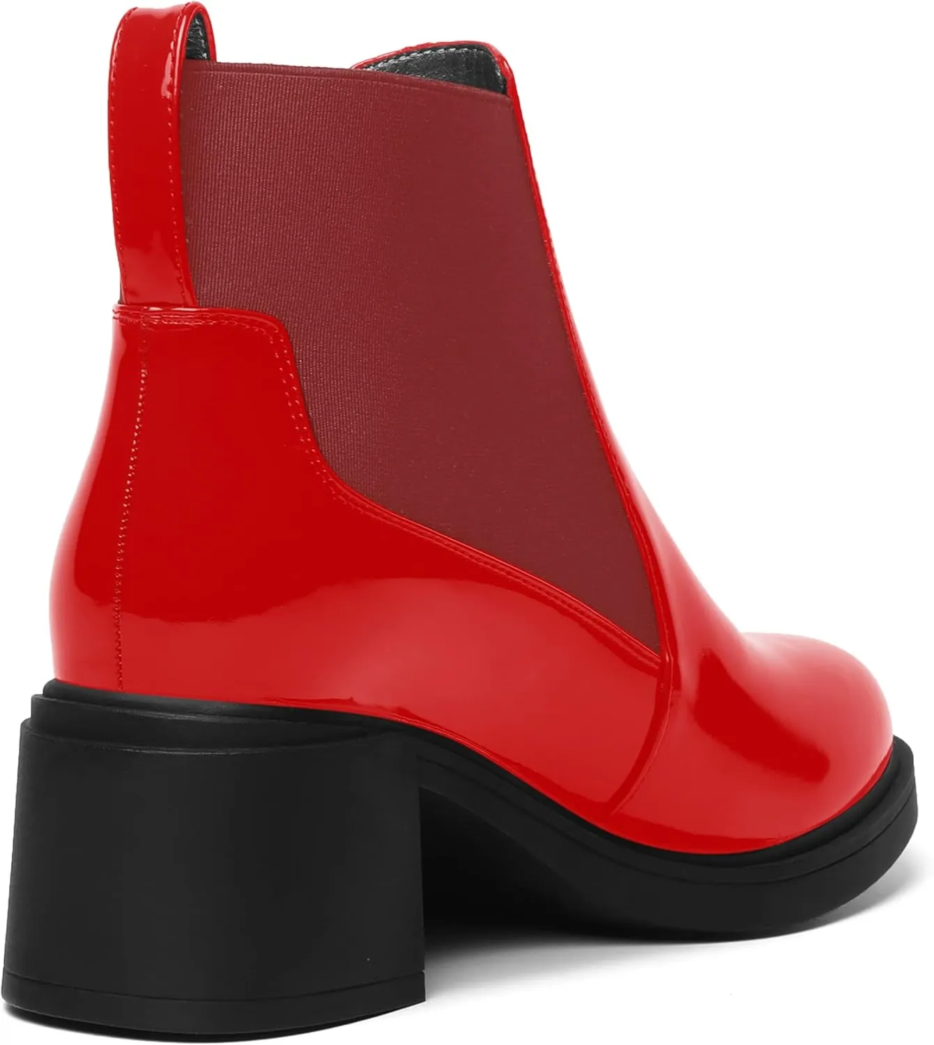 AMBELIGHT Womens Office Patent Chelsea Casual Elastic Round Toe Solid Chunky Mid Heel Ankle High Boots 2.5 Inch