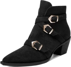 AMBELIGHT Womens School Bukcle Zip Suede Fashion Pointed Toe Chunky Low Heel Ankle High Boots 2.5 Inch