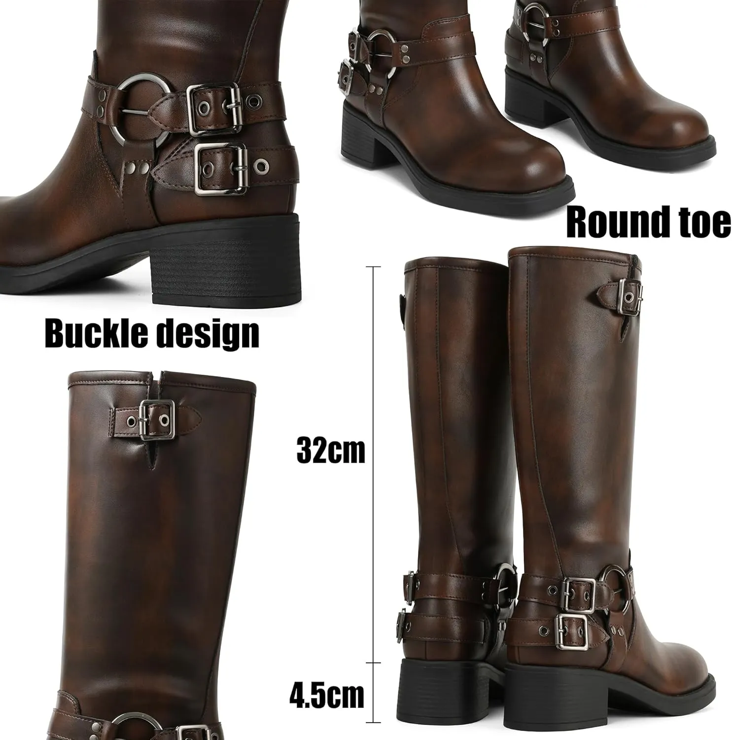 AMINUGAL Knee High Boots Women Square Toe Pull On Wide Calf Riding Fashion Buckles Chunky Metallic Casual Vintage Buckle Rivet