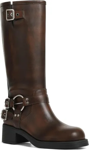 AMINUGAL Knee High Boots Women Square Toe Pull On Wide Calf Riding Fashion Buckles Chunky Metallic Casual Vintage Buckle Rivet