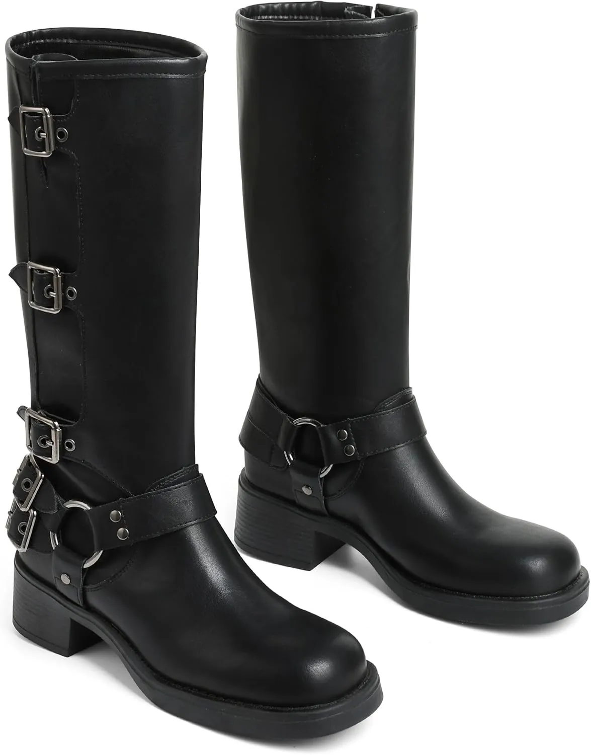 AMINUGAL Knee High Boots Women Square Toe Pull On Wide Calf Riding Fashion Buckles Chunky Metallic Casual Vintage Buckle Rivet