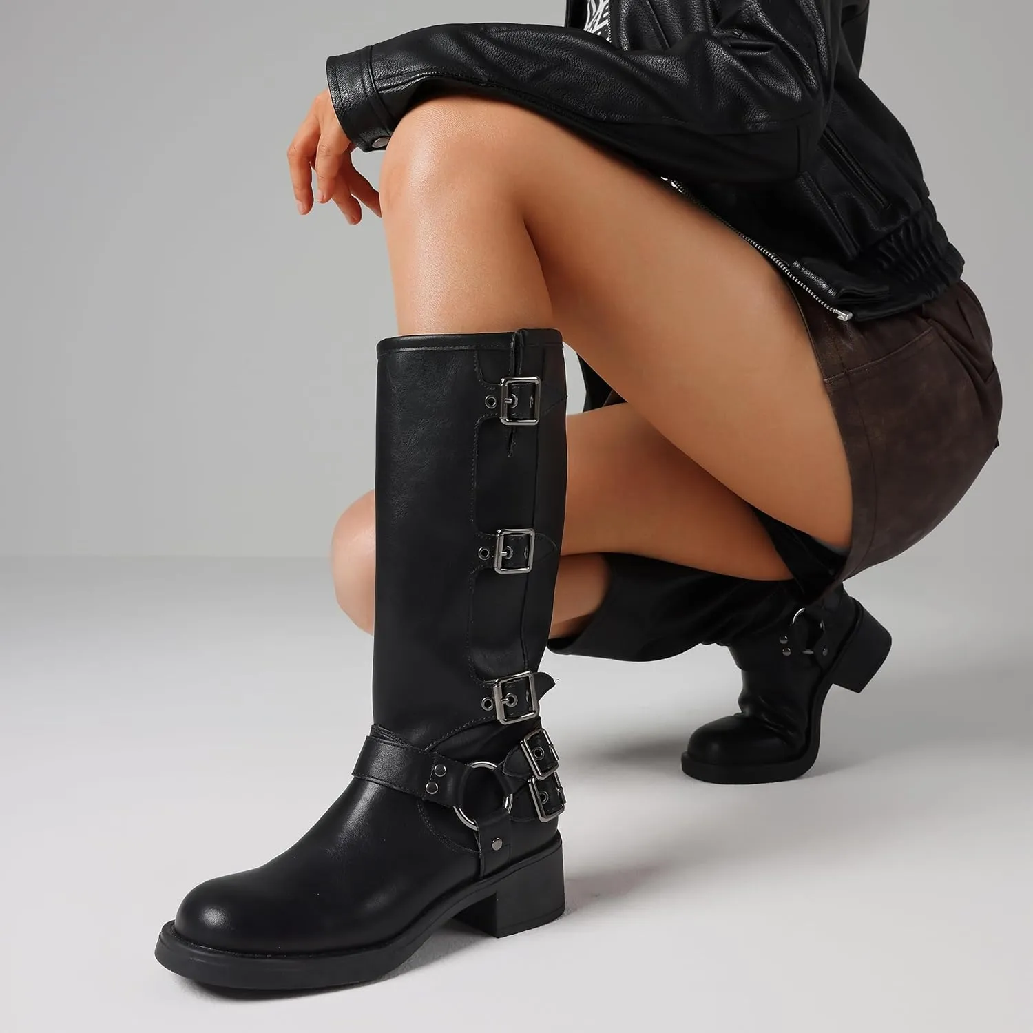 AMINUGAL Knee High Boots Women Square Toe Pull On Wide Calf Riding Fashion Buckles Chunky Metallic Casual Vintage Buckle Rivet