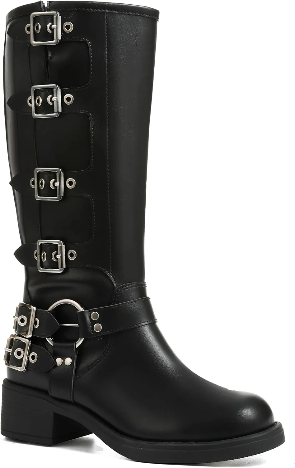 AMINUGAL Knee High Boots Women Square Toe Pull On Wide Calf Riding Fashion Buckles Chunky Metallic Casual Vintage Buckle Rivet