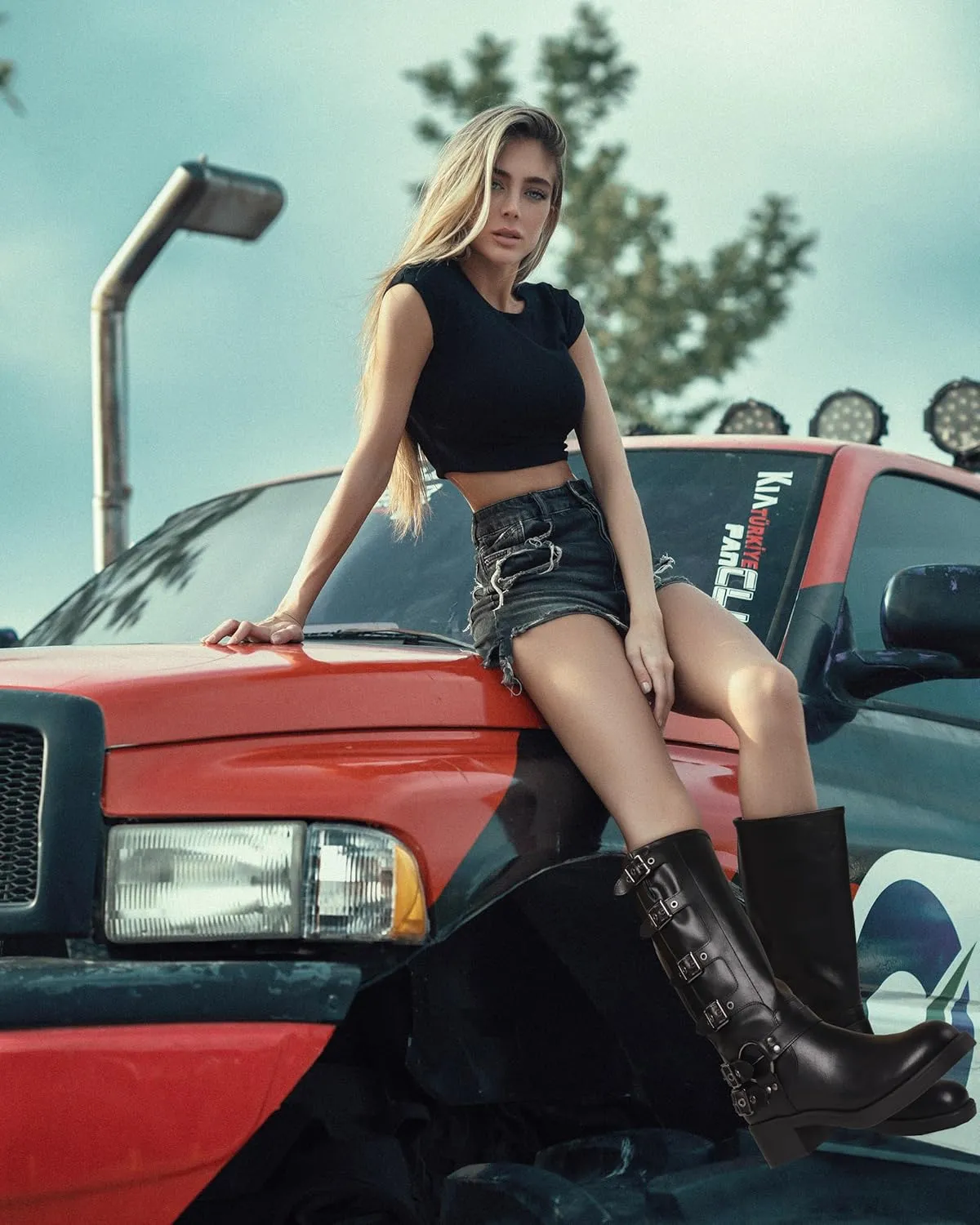 AMINUGAL Knee High Boots Women Square Toe Pull On Wide Calf Riding Fashion Buckles Chunky Metallic Casual Vintage Buckle Rivet