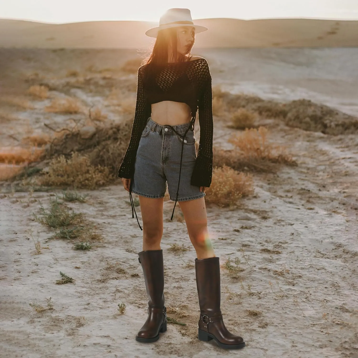 AMINUGAL Knee High Boots Women Square Toe Pull On Wide Calf Riding Fashion Buckles Chunky Metallic Casual Vintage Buckle Rivet
