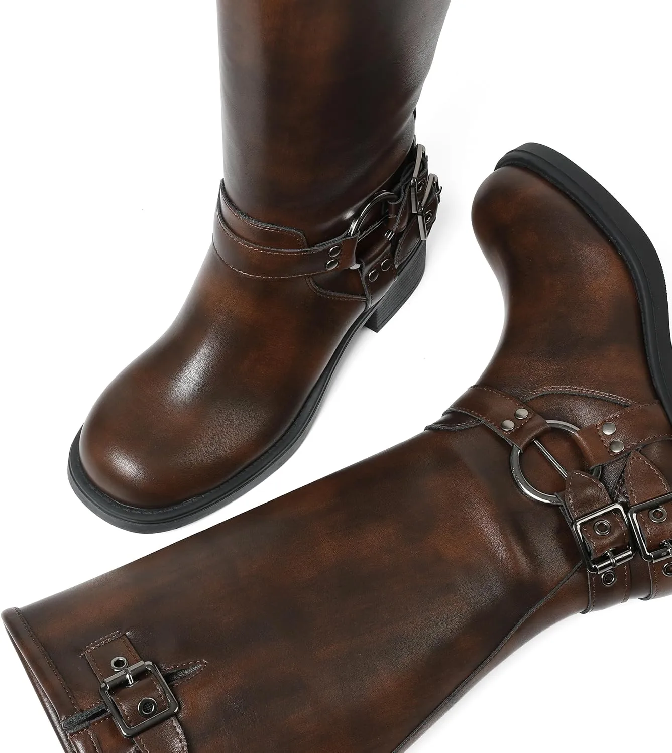 AMINUGAL Knee High Boots Women Square Toe Pull On Wide Calf Riding Fashion Buckles Chunky Metallic Casual Vintage Buckle Rivet