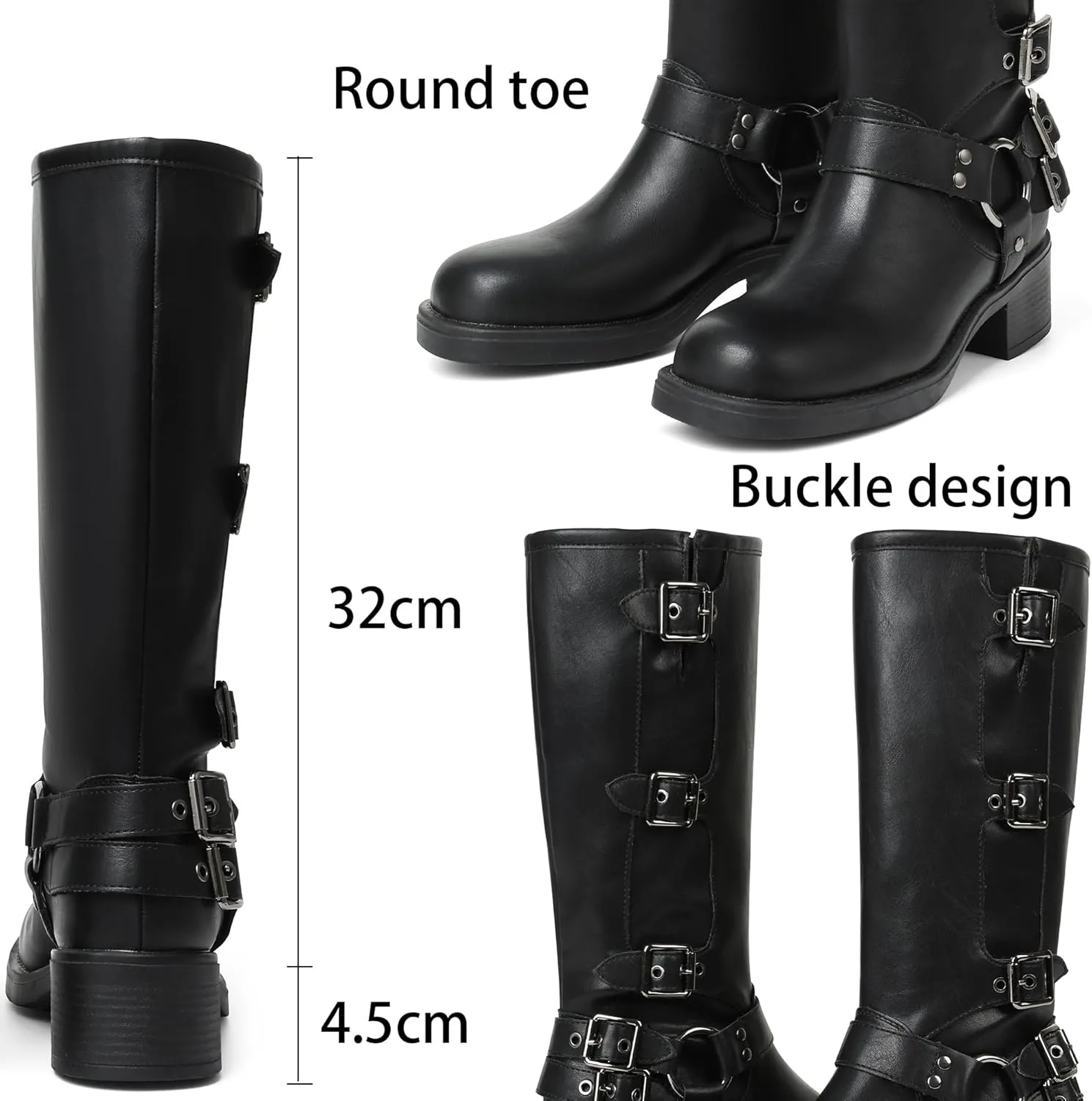 AMINUGAL Knee High Boots Women Square Toe Pull On Wide Calf Riding Fashion Buckles Chunky Metallic Casual Vintage Buckle Rivet