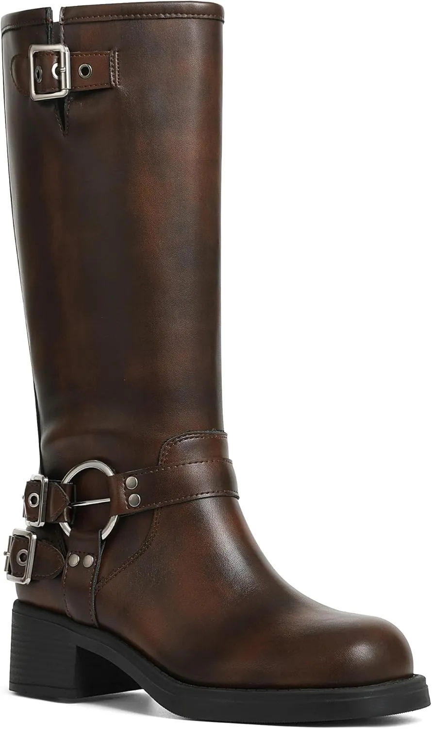 AMINUGAL Knee High Boots Women Square Toe Pull On Wide Calf Riding Fashion Buckles Chunky Metallic Casual Vintage Buckle Rivet