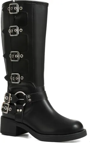 AMINUGAL Knee High Boots Women Square Toe Pull On Wide Calf Riding Fashion Buckles Chunky Metallic Casual Vintage Buckle Rivet